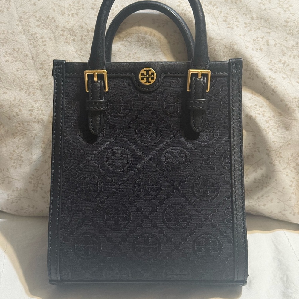 Tory Burch Black Embossed Tote with Gold Accents
